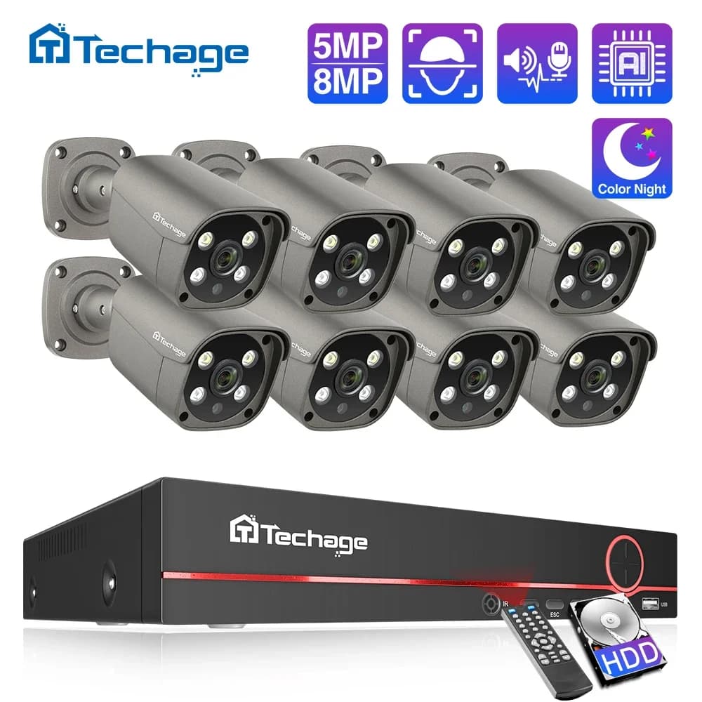 Techage 8CH 5MP 8MP Sistema di telecamere di sicurezza 4K HD POE NVR Kit Audio bidirezionale Face Detect Set di telecamere IP di videosorveglianza esterna