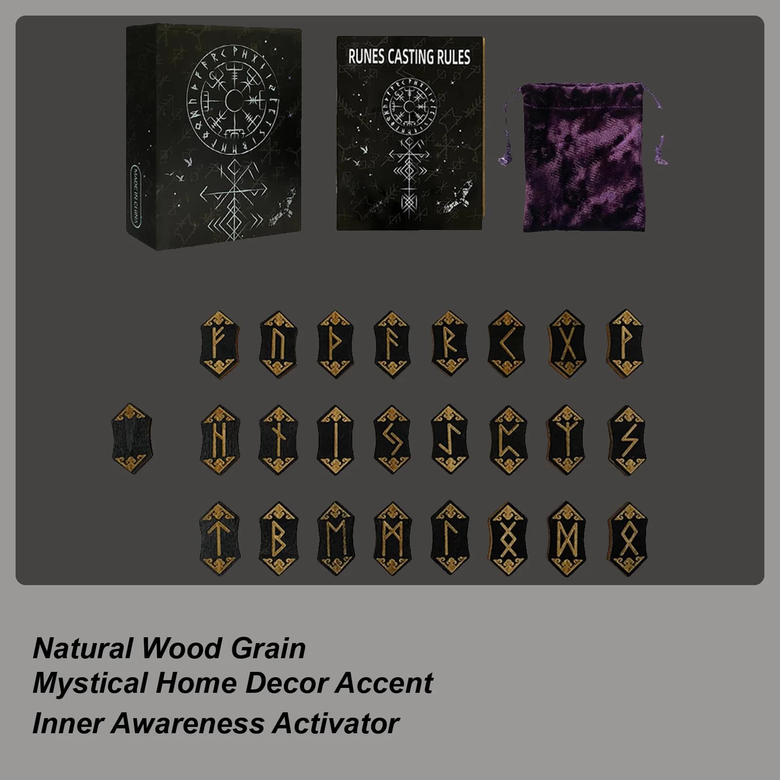Set di rune Divinazione Rune in legno con guida Strumento di meditazione intagliato con custodia per dormitorio, casa, scuola, colleghi, compagni di classe