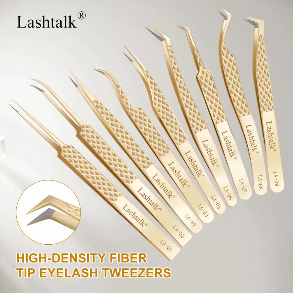 Lashtalk Pinzetta con punta in fibra di precisione Estensioni delle ciglia Diamond Grip Antiscivolo Trucco in acciaio inossidabile dorato premium con confezione di scatole