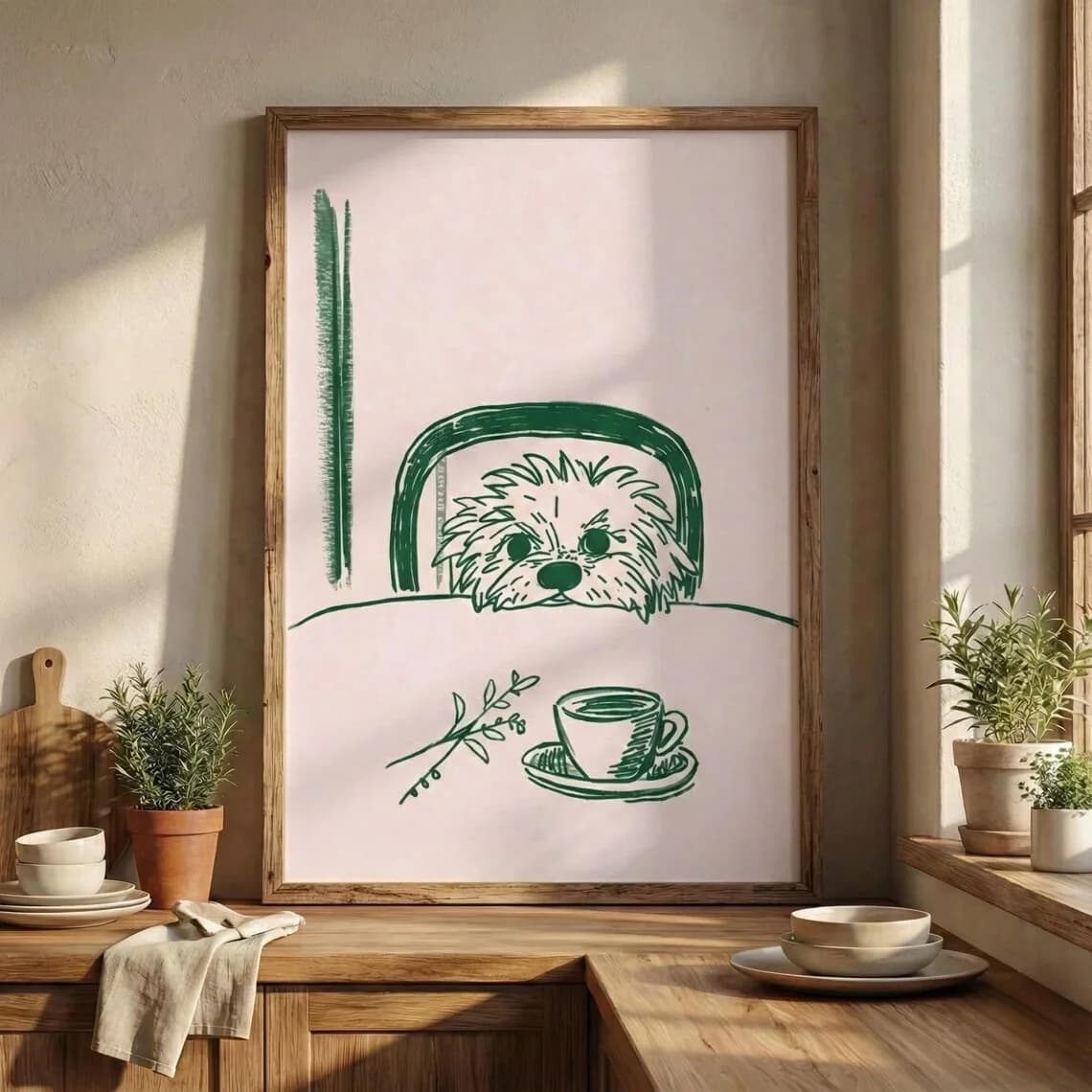 Stampa artistica da parete con cane sottile in cucina, arte astratta, decorazione divertente per la cena, schizzo moderno di cucciolo, poster per la colazione, download digitale