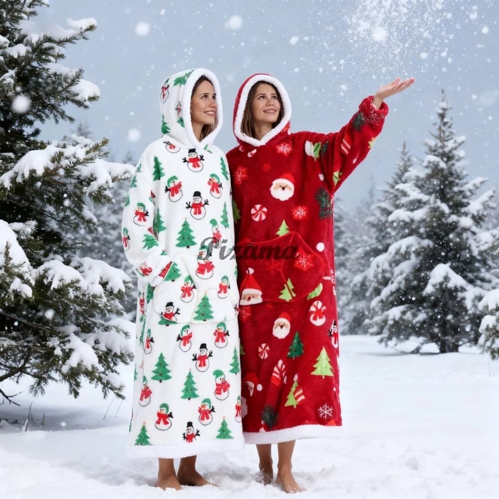 Snowman Santa Claus Oversize TV blanket with single-piece hood with sleeves Winter warm women's hood Adult nightwear