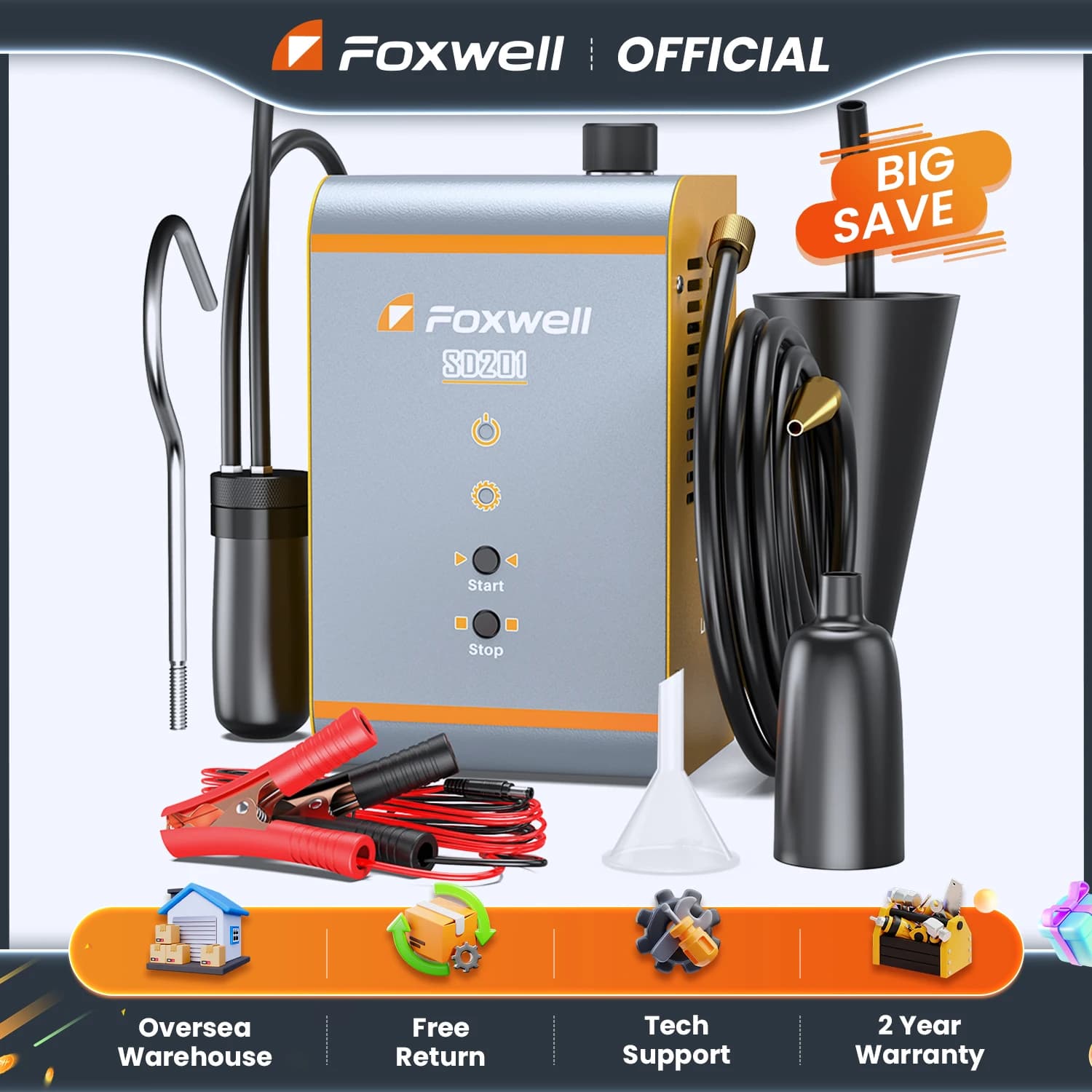 FOXWELL SD201 Macchina per Fumo Automobilistica con Compressore d'Aria Integrato, Tester Diagnostico per Tubi di Scarico EVAP, Rilevatore di Perdite di Fumo