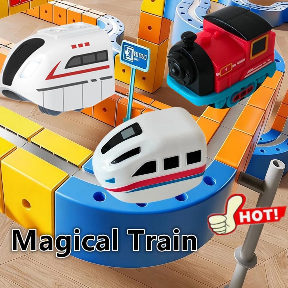 Trenino Magico Fai-da-Te, Auto da Corsa Magica, Giocattoli con Pista Flessibile, Kit di Costruzione 3D, Piste a Cubo, Giocattoli con Binari