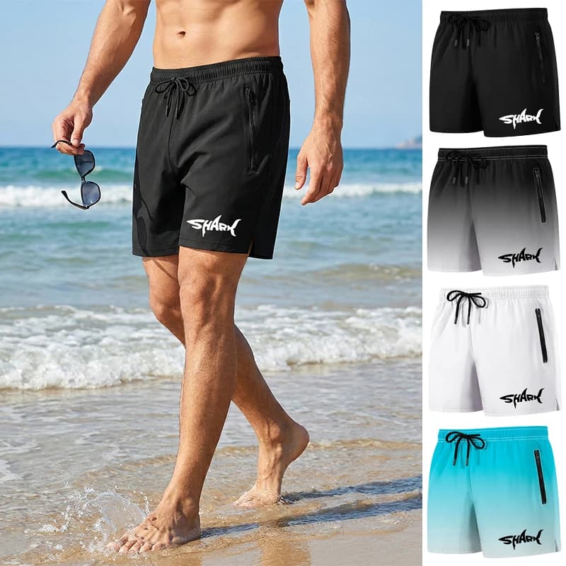 Men's bath shorts with shark-shaped graphics, summer casual beach shorts with mesh lining, zipper pockets, quick drying swimsuit