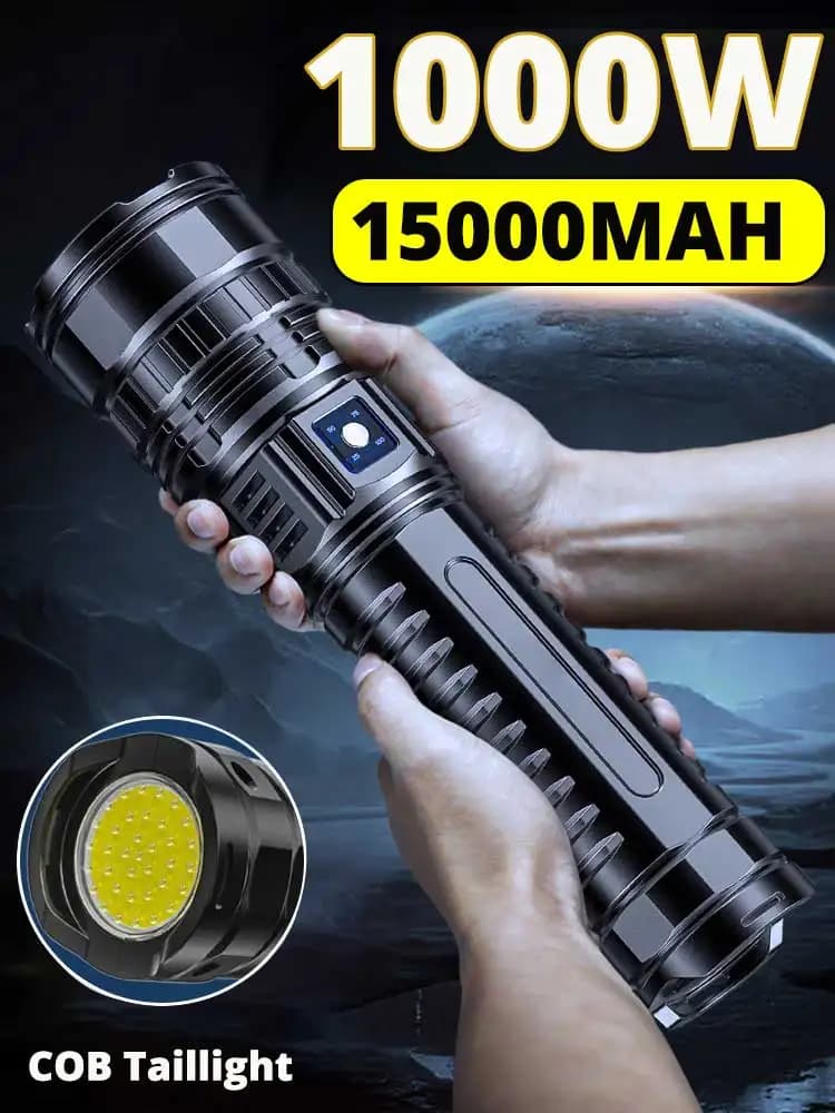 Torcia a LED da 1000 W Torcia ricaricabile USB 15000 MAH Torce ad alta potenza Zoom Lanterna tattica Tiro lungo Torcia COB da 5 km
