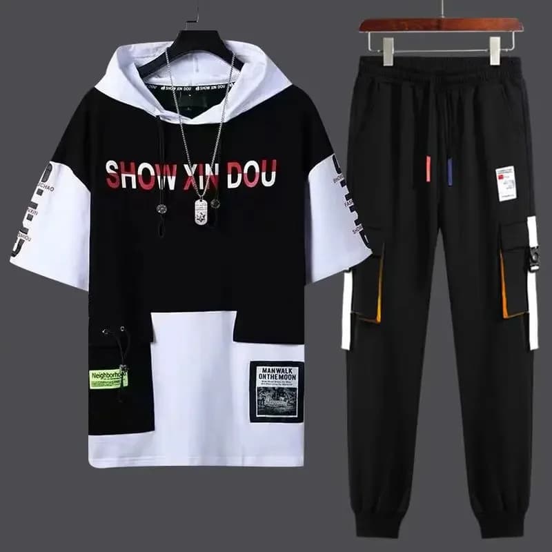 Men's Jogging Men's Clothing Jogging Pants with Hooded Alphabet Jumpsuit Men's T-shirt Top Basic Regular Fit S