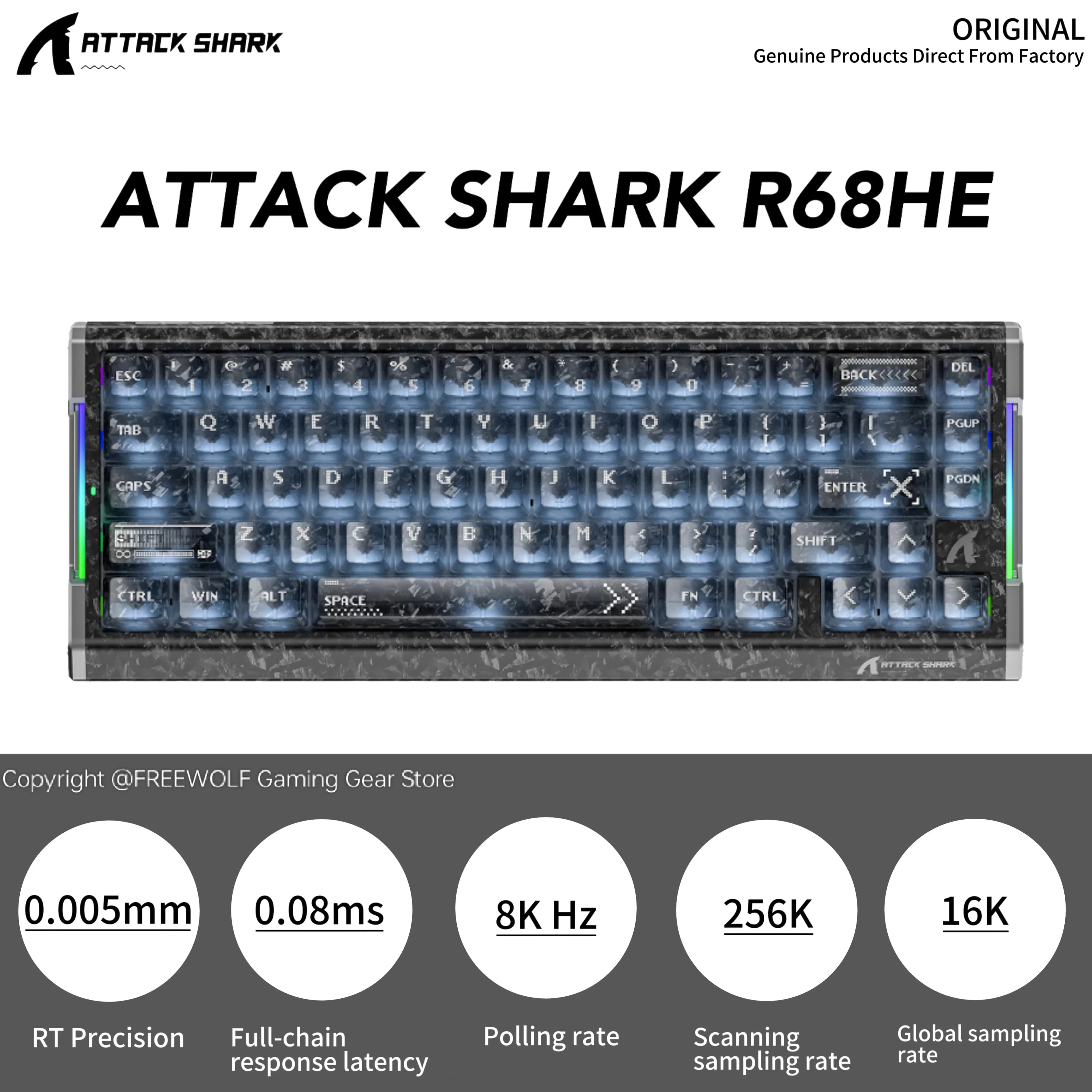 Tastiera ATTACK SHARK R68HE cablata RGB in fibra di carbonio, latenza di risposta a catena completa di 0,08 ms, design con guscio trasparente antipolvere