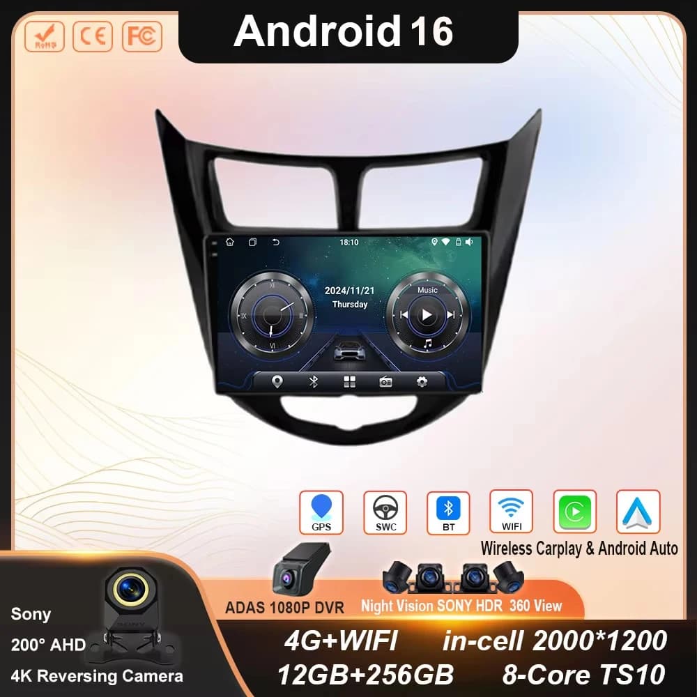 Android 14 Autoradio Per Hyundai Solaris Accent I25 2010 2011 2012 2013 2014 2015 2016 Navigazione GPS QLED BT Unità Principale 4G WIFI