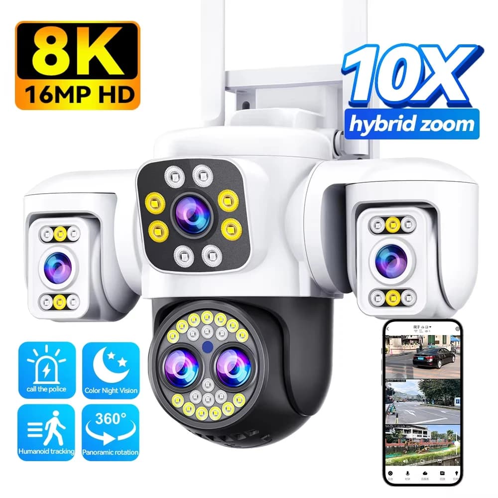 8K 16MP WiFi Camera 10X Zoom Four Len Three Screen CCTV Security Protection Video Surveillance Yoosee Video Surveillance 360°