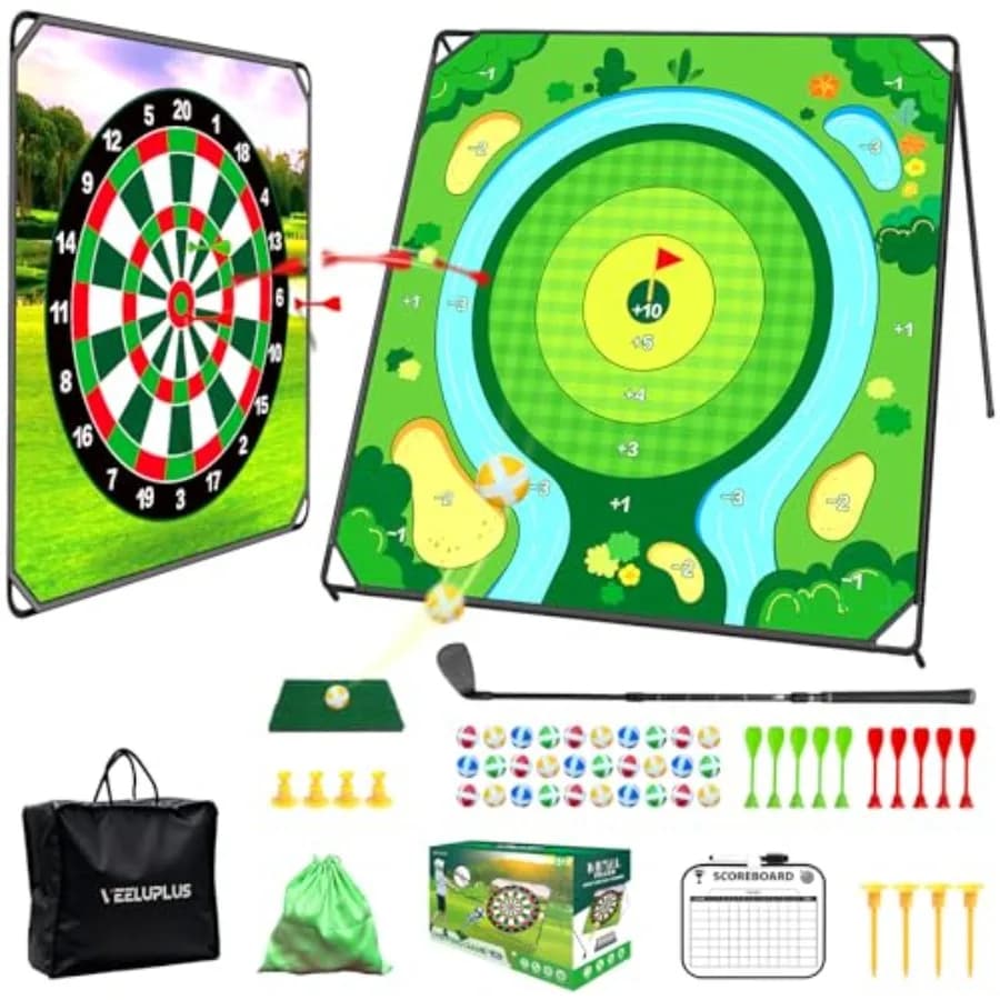 Tappetino da golf adesivo bifacciale 70 x 70 cm per il gioco di chipping, con 30 palline adesive e 10 freccette, per adulti, papà e ragazzi.
