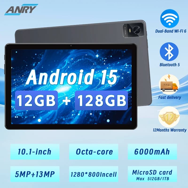 Tablet PC Paitanry 10 pollici Android 2025, 12GB + 128GB, Doppia Fotocamera 5MP+13MP, Batteria 6000mAh, Octa-core, Wi-Fi Dual Band