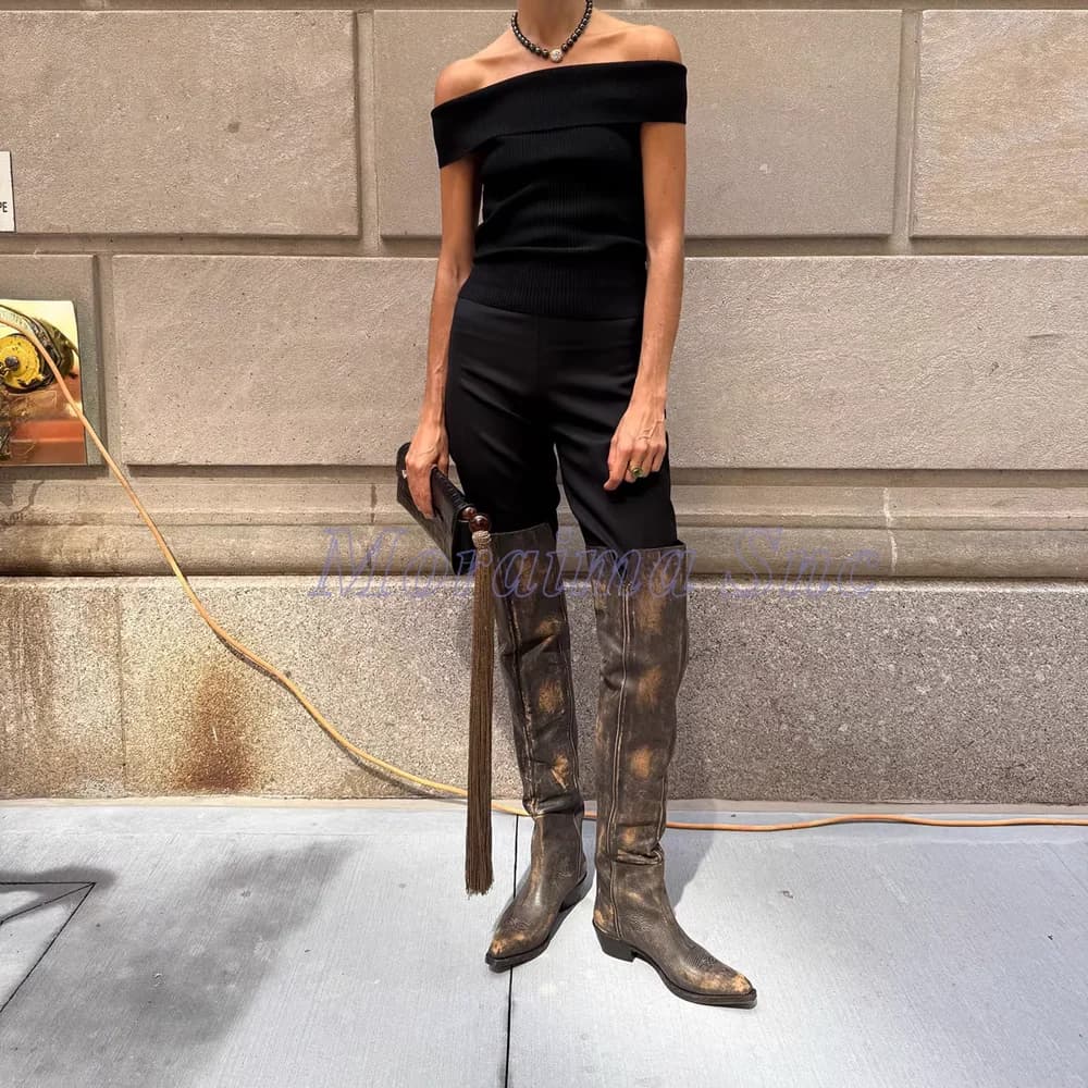 Spazzola out pointed toe long boots on the knee heel block heel big brief on high boots at thigh long women's thigh retro autumn winter 2026