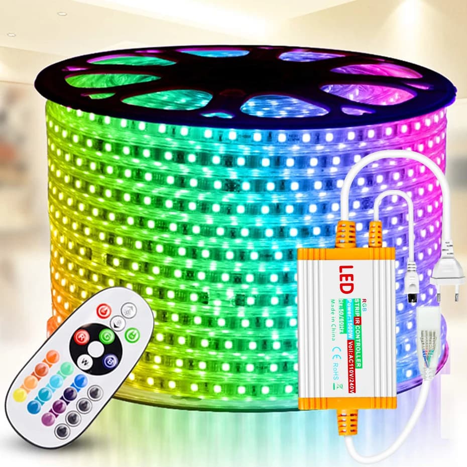 10M 20M 30M 50M Impermeabile 220V RGB Ha Condotto La Striscia 5050 SMD Con 1500W di Alimentazione UE Morbido Flex RGB Ha Condotto Il Nastro Nastro Decorazione Esterna