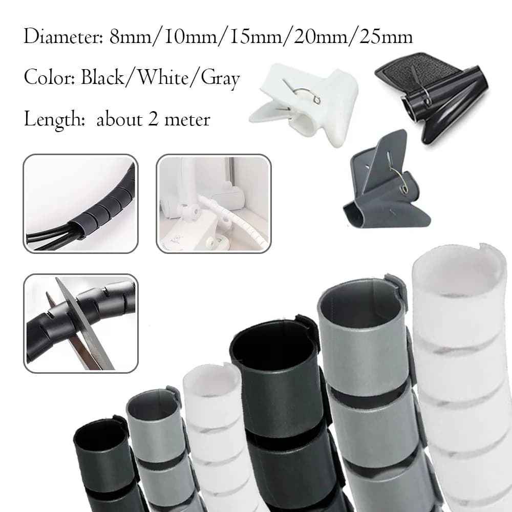 Manicotto flessibile per cavi da 2 m, organizer per avvolgicavo in spirale 8-25 mm, protezione per la gestione dei cavi, soluzione per ordine cavi da scrivania, tubo per nascondere cavi