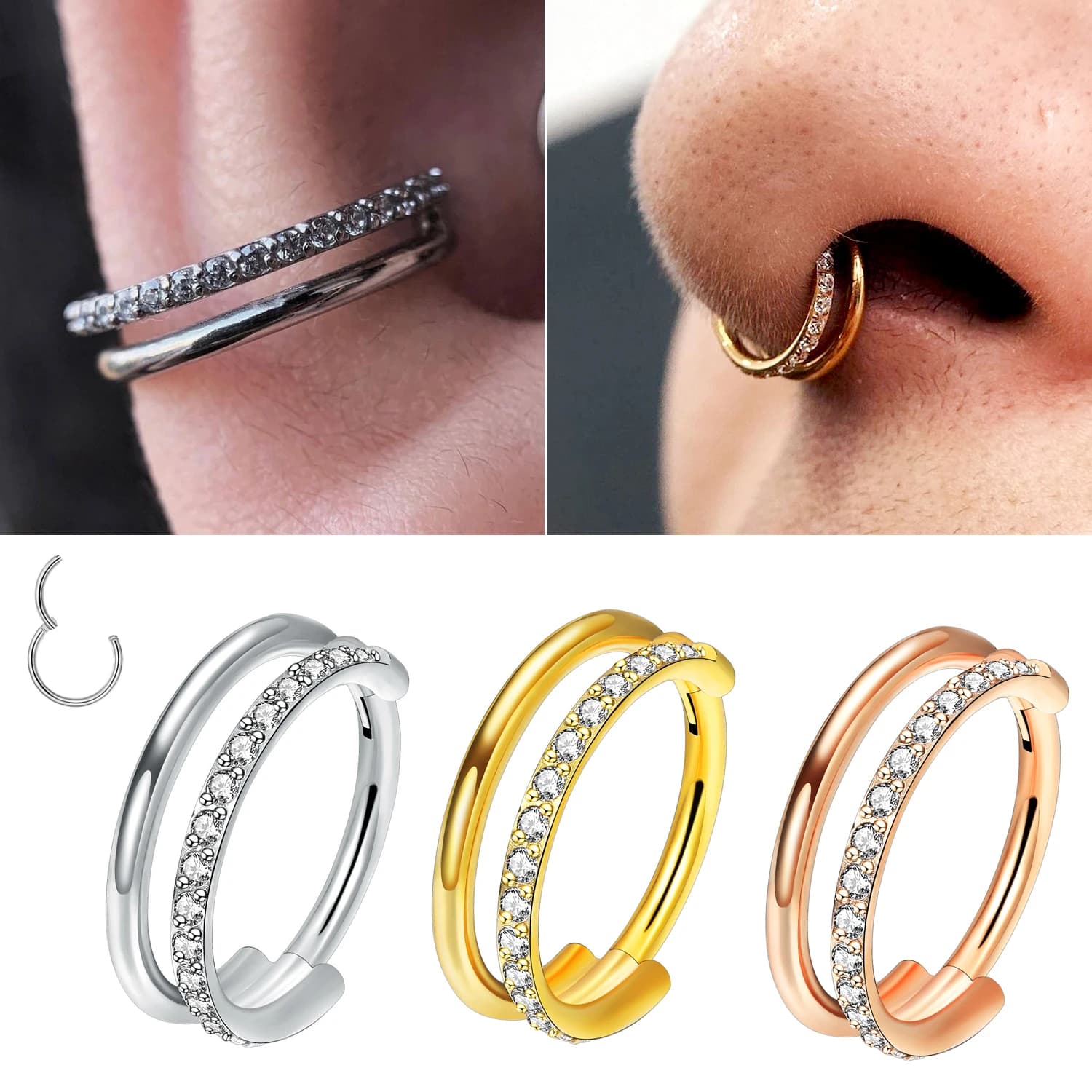 G23 16G Titanium CZ Fila Conchiglia Ring to the nose Circle of Cartilagine Daith Trago Helix Lobe Earring Hinge Segment Clicker penetrating jewelry