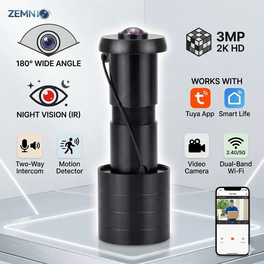 180° 3MP 2K WiFi Peephole Door Camera IR Night Vision Tuya Smartlife 5G/2.4G Two-Way Audio Supports TF Card Max 128GB