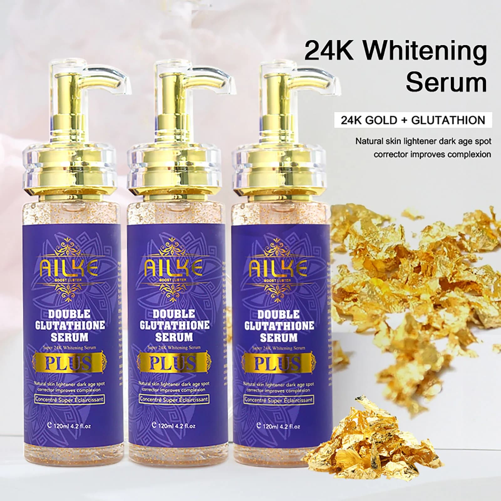 AILKE Double Glutathione Plus whitening serum for all skin types, reduces black and dark spots, moisturizing, 120 ml/4.2 fl oz