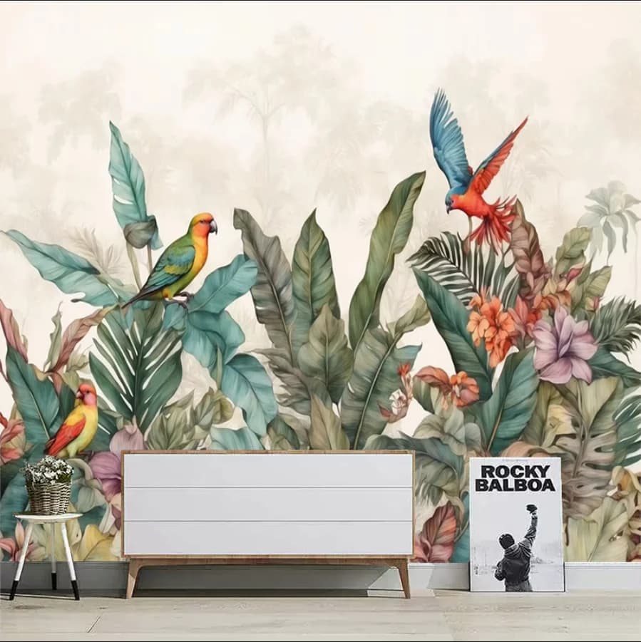 Carta da parati murale 3D personalizzata con immagine di piante tropicali, foglie di banano e uccelli, decorazione per la casa, per soggiorno e camera da letto