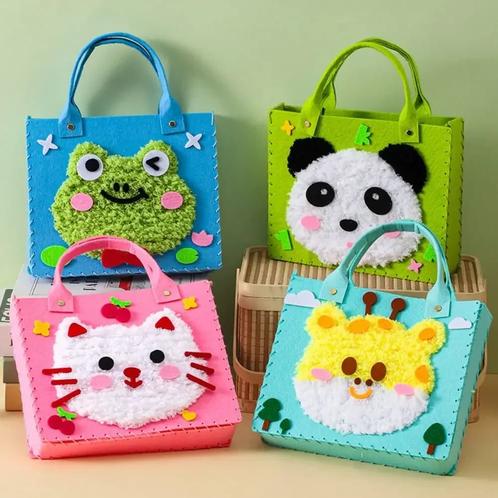Kit di borse per animali in feltro multicolore fai-da-te Ago da cucito e filo Materiale in feltro Set di borse da ricamo fai-da-te Perline Giocattoli Animali dei cartoni animati
