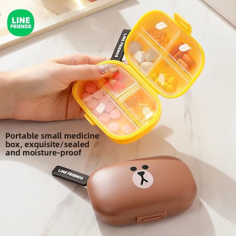 LINE FRIENDS Portapillole a sezioni sigillate, mini portatile, a prova di umidità, con personaggio cartone animato marrone, organizer per medicinali, anime, all'ingrosso