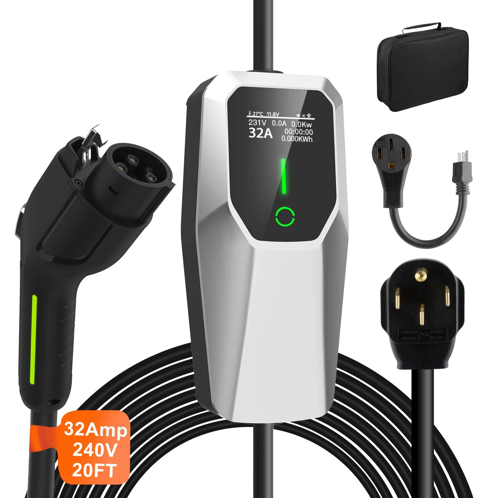 Junsun Level 1&2 EV Charger 32Amp 110V-240V Electric Vehicle Charger with 20FT Cable, Portable Home Charging Station with NEMA 14-50P & 5-15P Plug, Adjustable Current Smart Car Charger Compatible with All SAE J1772 Electric Vehicles