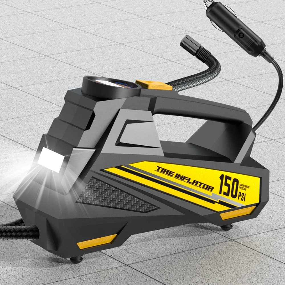 CARSUN Pompa di Aria per Auto Portatile con Filo 12V 150PSI Pompa di Gonfiaggio per Pneumatici Elettrici Moto Bici Palla LED Luce Compressore d'Aria per Auto