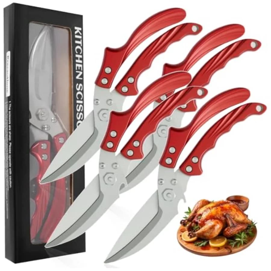 Set di 4 Forbici Professionali per Pollame con Impugnatura Antiscivolo, Cesoie da Cucina Staccabili a Doppio Uso + Coltello, Adatte per Pollo, Carne e Tacchino