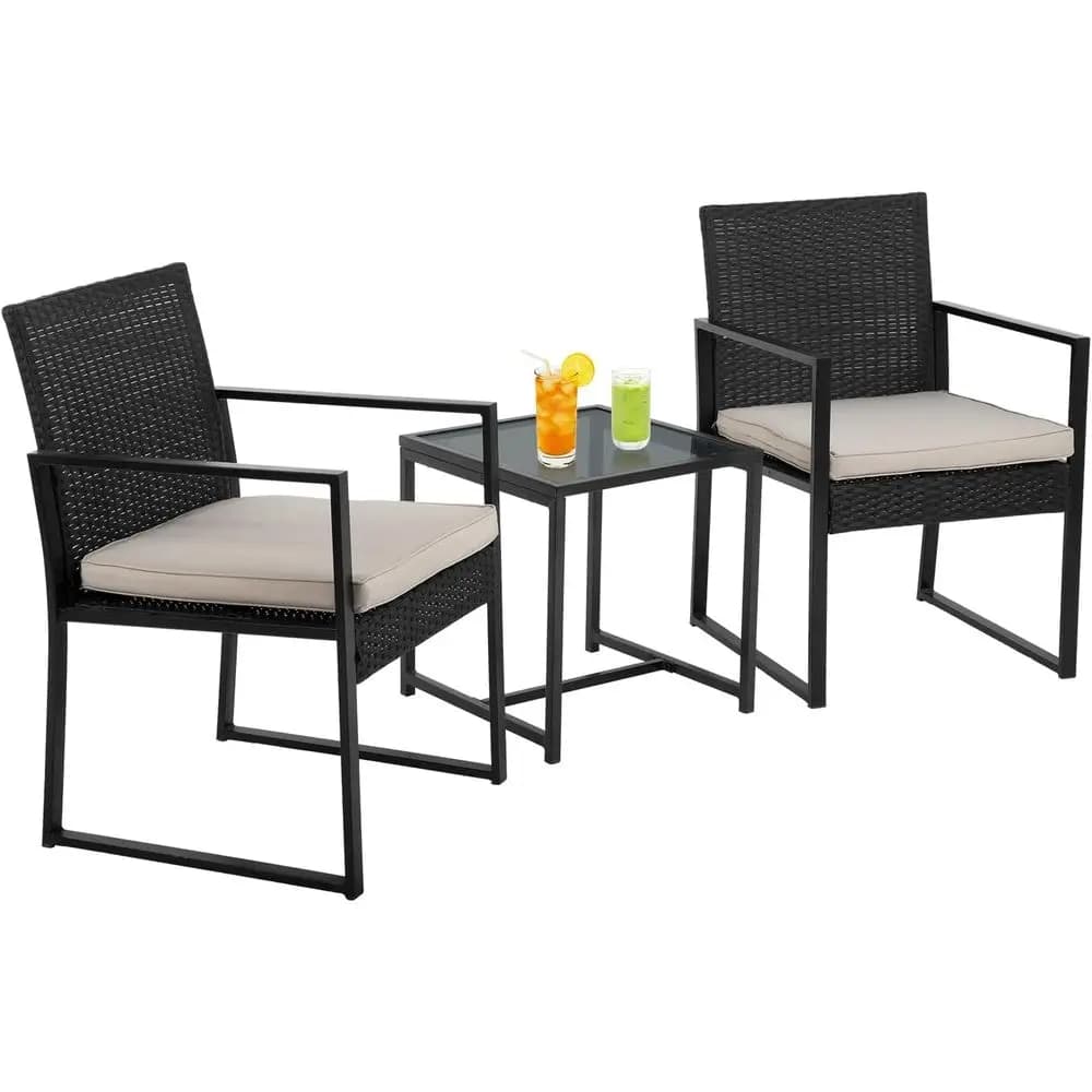 Set Bistrot in Rattan Kaki with 3 Pieces with Padded Chairs and Tempered Glass Table for External and Interior Use