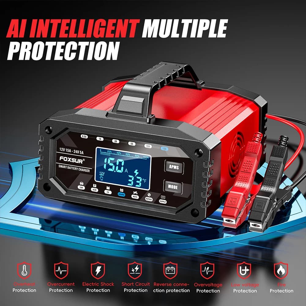 Caricabatteria per auto Strumento di riparazione a impulsi intelligente automatico 12V/24V Rilevamento temperatura tensione multifunzionale per moto camper