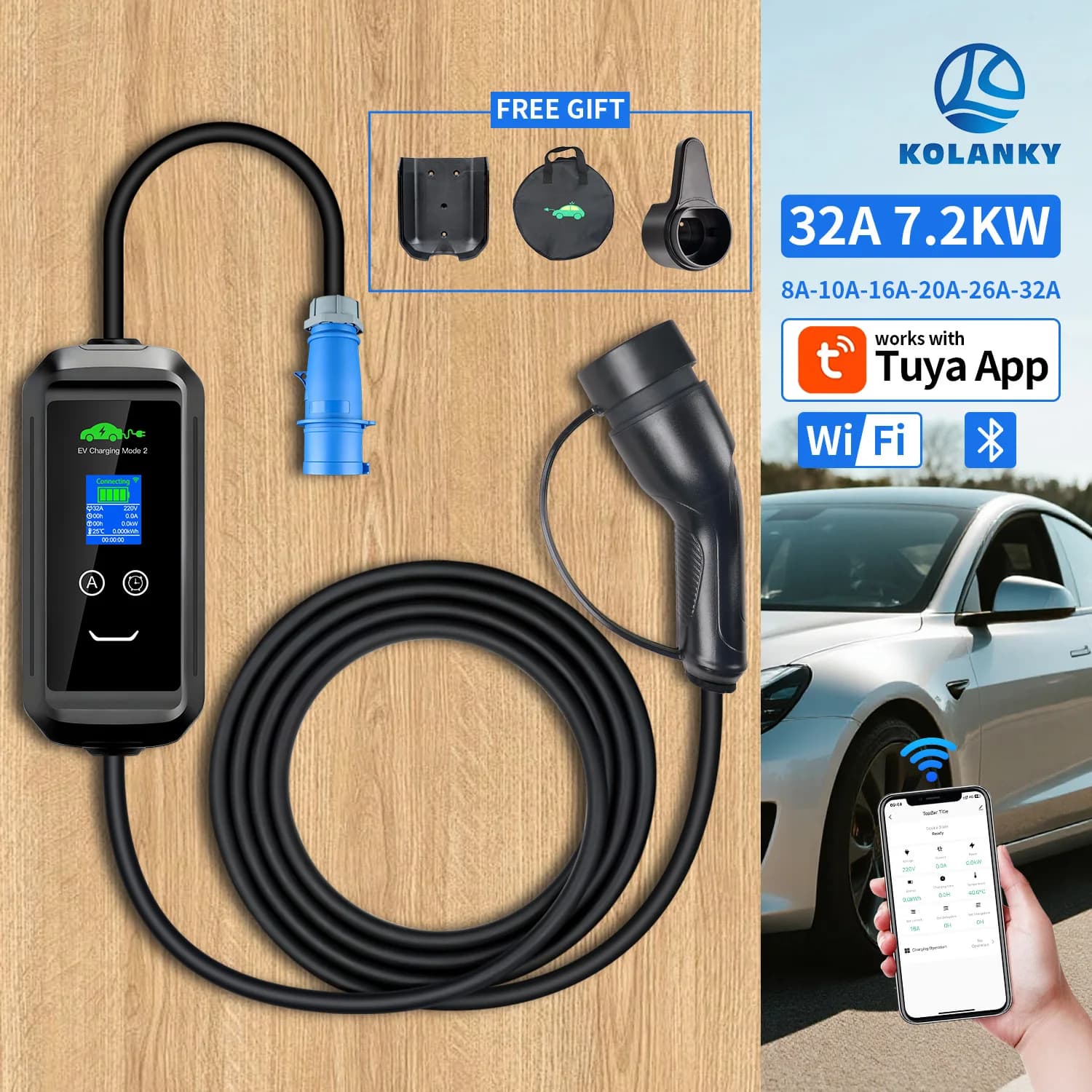 Kolanky 32A 7.2KW Portable EV Charger Type2/GBT IEC62196-2 Electric Vehicle Charger EVSE Charging Cable APP Control Home Charge