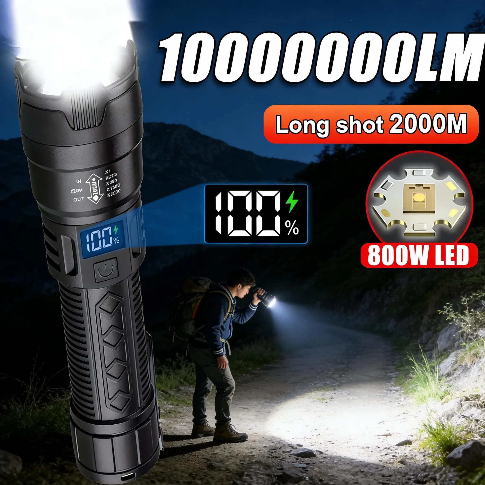 Potente Torcia LED Super Luminosa, Luce Tattica di Emergenza, Faro Telescopico con Zoom, Lanterna con Batteria Integrata 18650