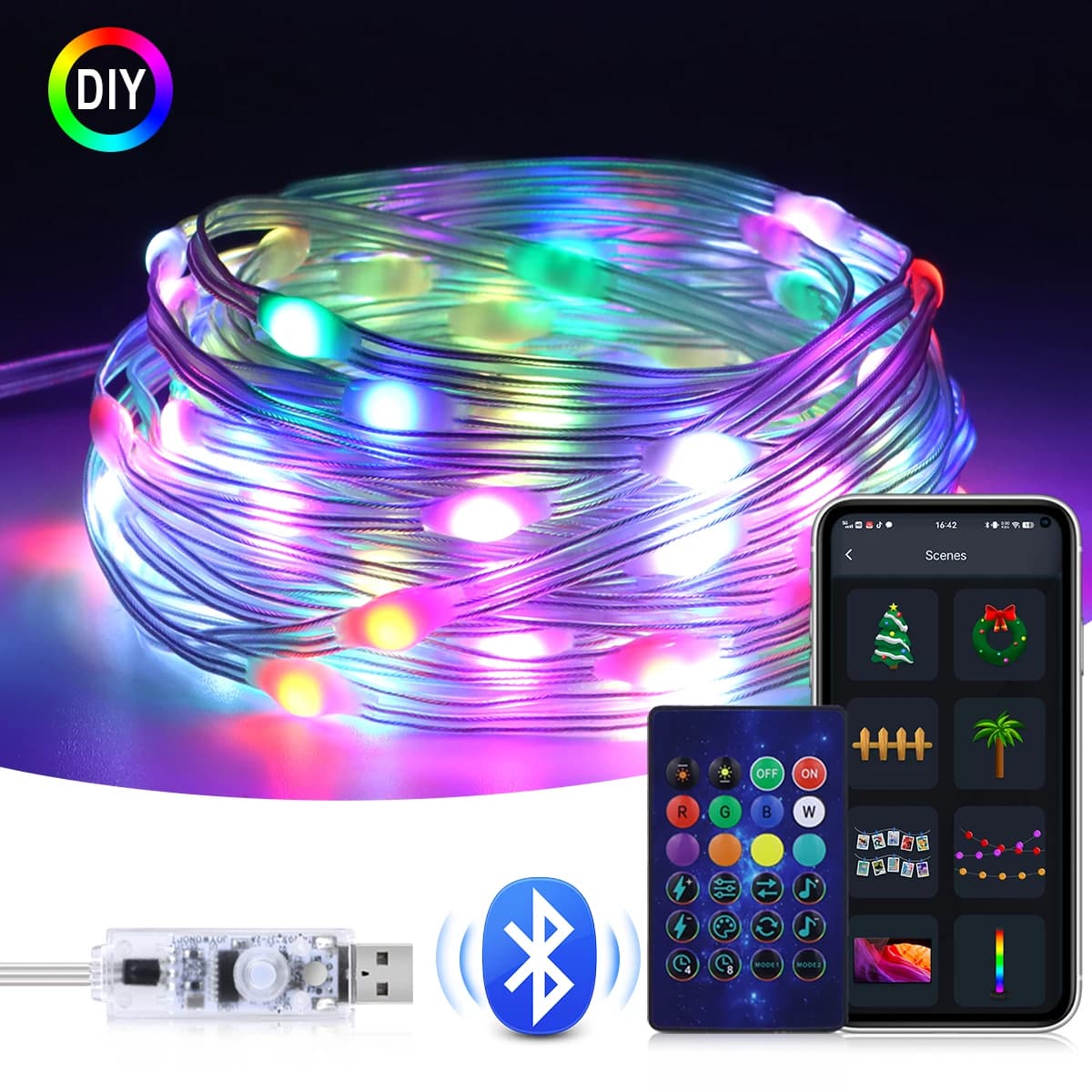 Ghirlanda USB 5V WS2812B Bluetooth LED String Fairy Lights Dreamcolor RGBIC indirizzabile Luci natalizie per feste Decorazione di nozze