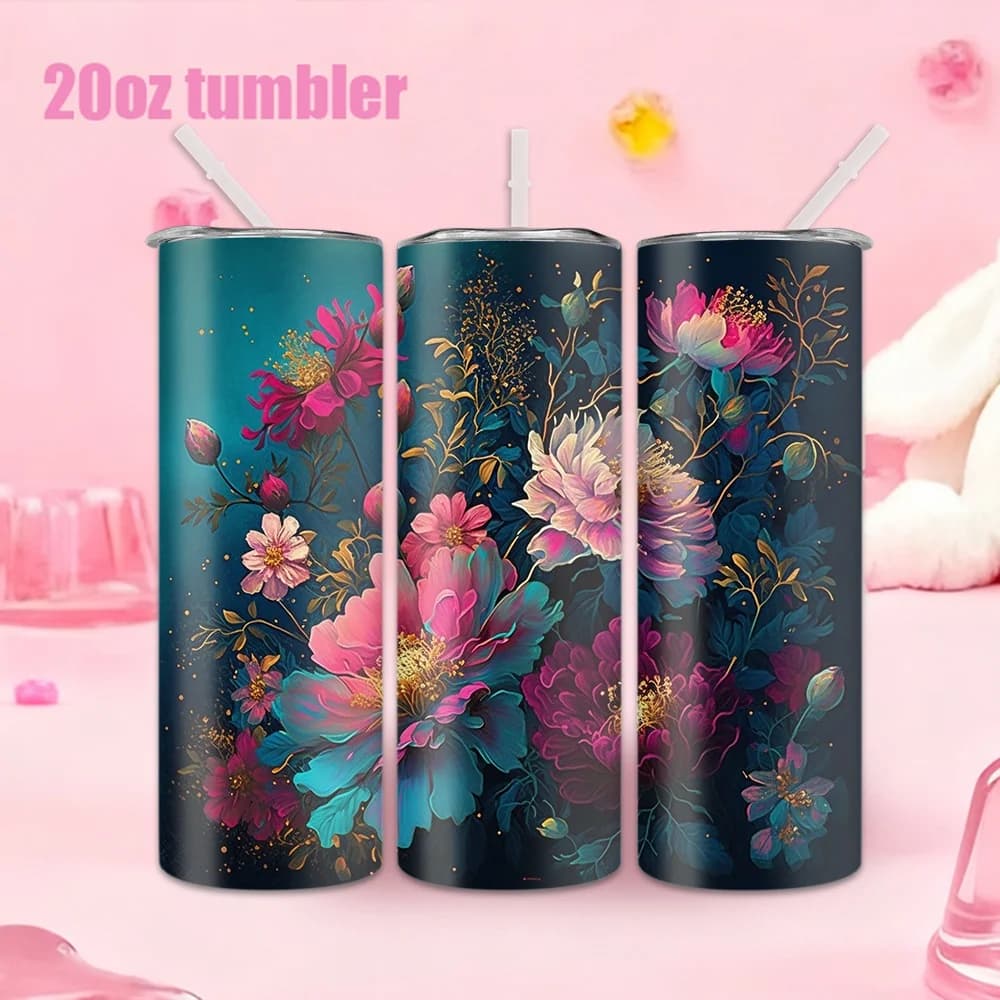 1 bottle of water with 20 ounces straw, stainless steel insulated water cup with colorful floral pattern.