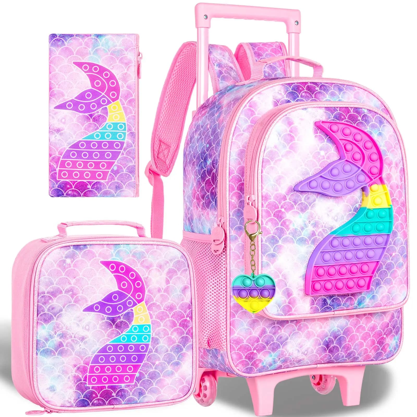 Zaino per bambini da 3 pezzi per ragazze, borsa per libri con ruote a sirena, borsa per scuola elementare per bambini con ruote - rosa