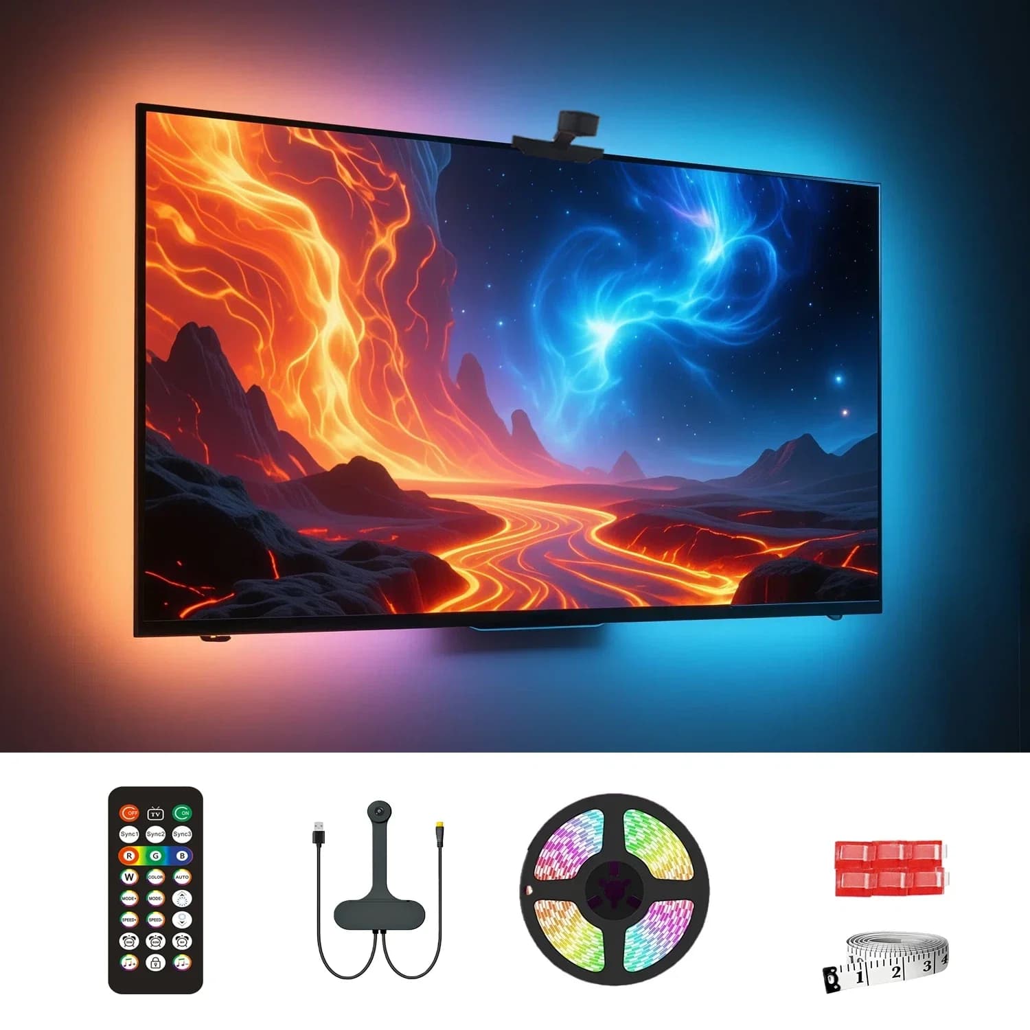 WACUAAO AI Sync Retroilluminazione TV LED con fotocamera, sincronizzazione musicale, alimentato tramite USB, telecomando, per soggiorno, home theater, sala giochi