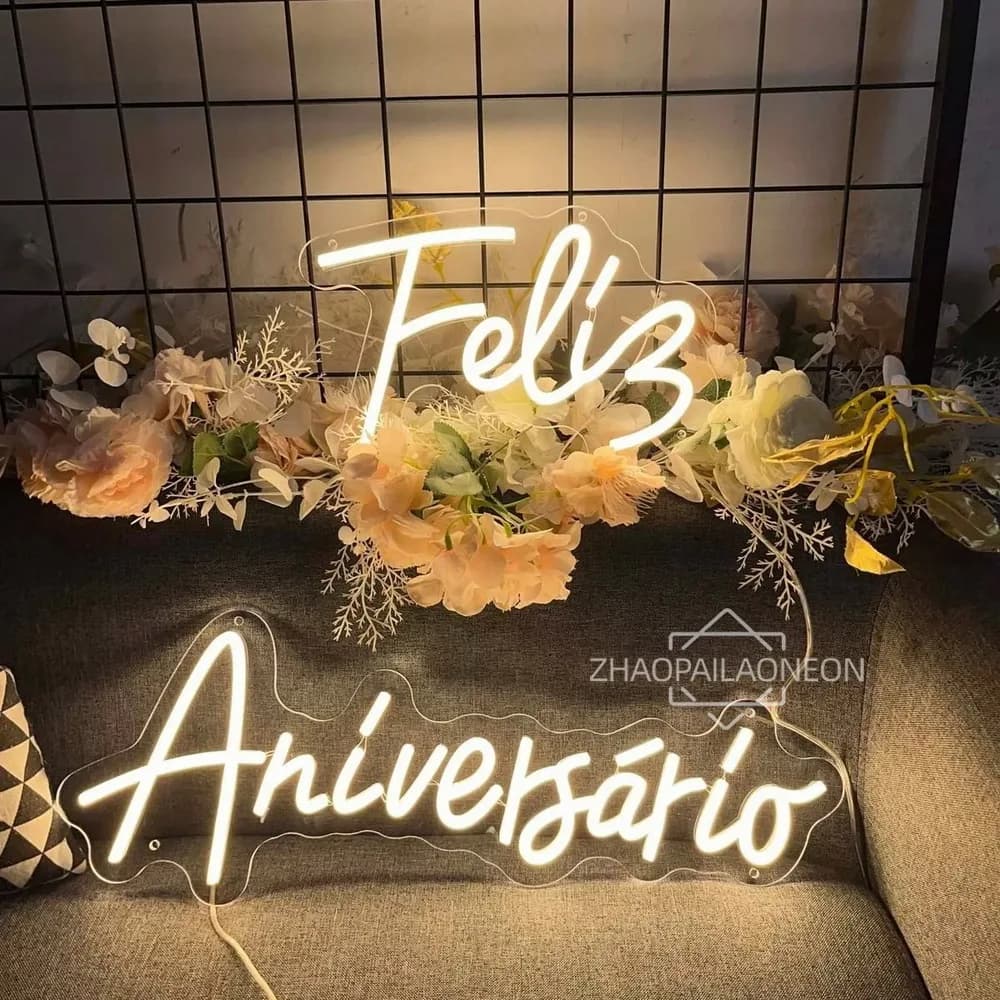 Feliz Aniversario Insegna al neon Luci a LED Buon compleanno Decor Party Neon Led Sign Room Decor Appeso a parete Insegna al neon Regali