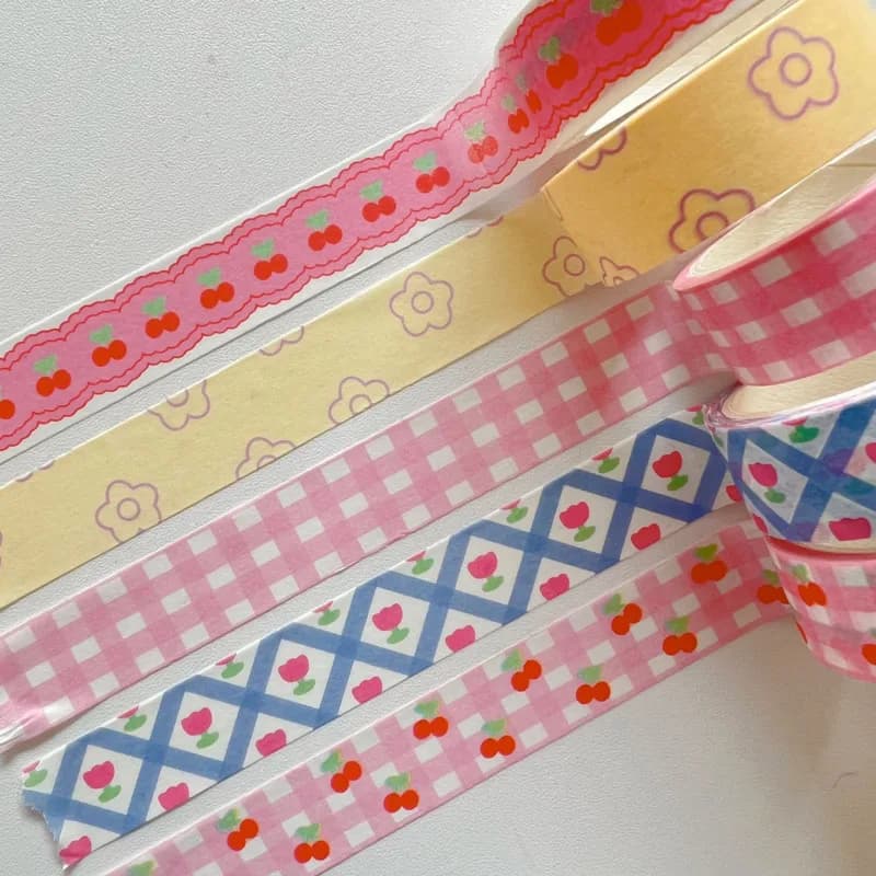 1Pcs Korean Ins Cherry and Washi Tape, Cute and Girlish Checkered Tape DIY Decorative Material Tape Stickers Washi Tapes
