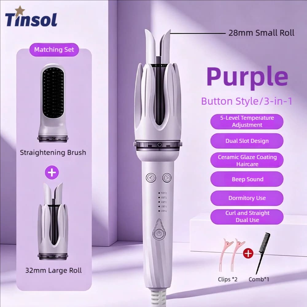 TINSOL Ferro Arricciacapelli Automatico 3-in-1 per Onde Grandi, Styler Multifunzione per Permanente e Arricciatura, Strumento di Styling a Doppio Uso