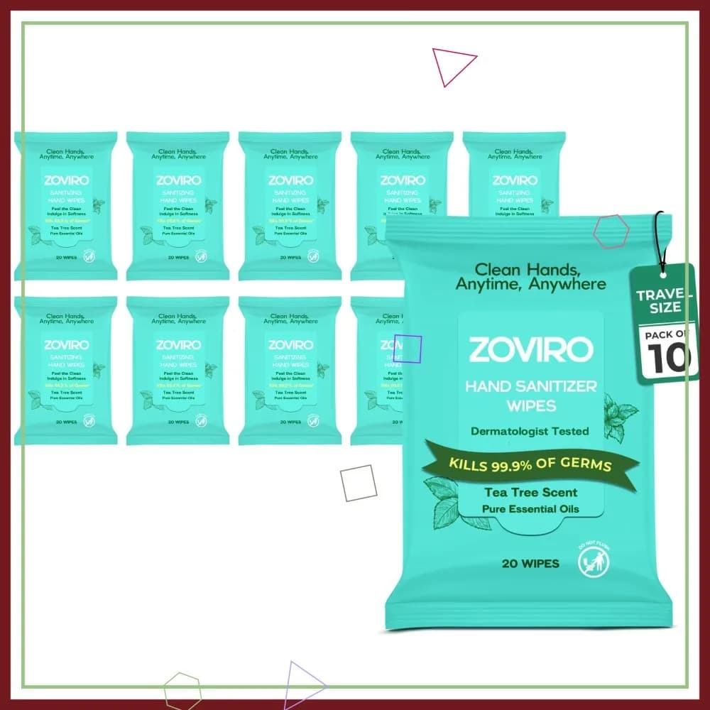 Salviette Igienizzanti Idratanti con Olio di Tea Tree, Ultra-Morbide 100% Viscosa, Formato da Viaggio, 20 Pezzi (Confezione da 10)