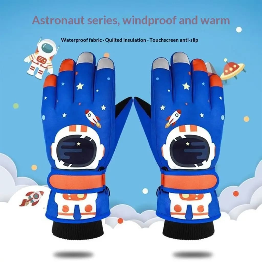 Guanti da sci invernali per bambini, guanti da 5 dita per astronauta dei cartoni animati, guanti touchscreen caldi antivento per il ciclismo dei bambini in età scolare