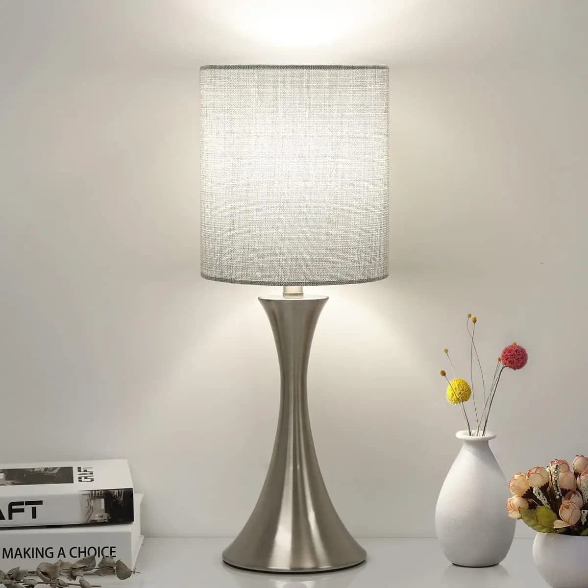 Lampada da Tavolo a 3 Modalità di Controllo Touch, Lampada da Comodino Dimmerabile con Base in Metallo, Paralume Grigio, Lampadina LED Inclusa