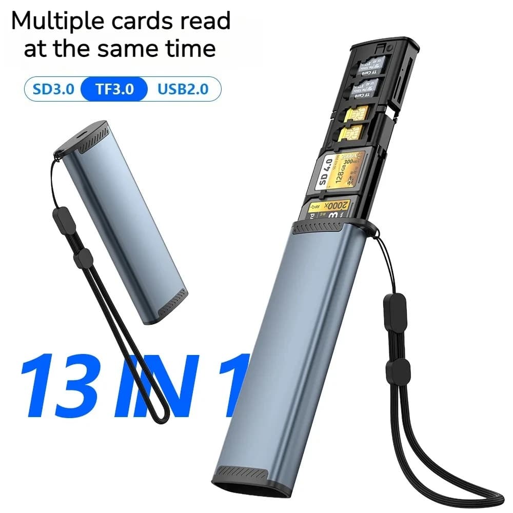 Lettore di Schede Portatile 13 in 1 in Lega di Alluminio, Lettura Simultanea di Più Schede SD/TF 3.0, USB 2.0 ad Alta Velocità, Scatola di Archiviazione Type-C