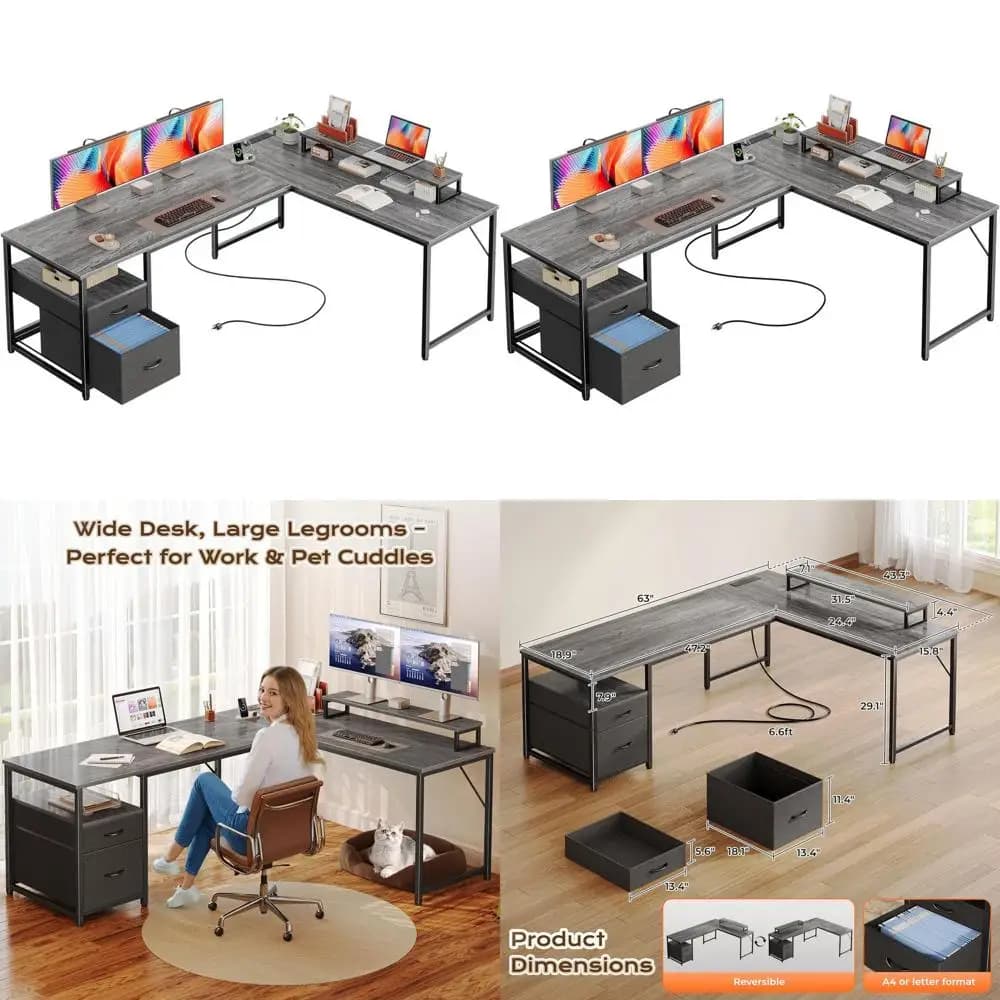 63 inch L desk with power sockets and USB-C, fabric drawers and adjustable monitor support for home office, gaming, writing, gray color