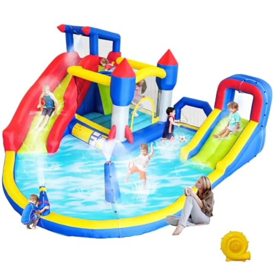 Scivolo acquatico gonfiabile per castello gonfiabile da 15,2 x 14 piedi con soffiatore, piscina per salti, trampolino e canestro da basket