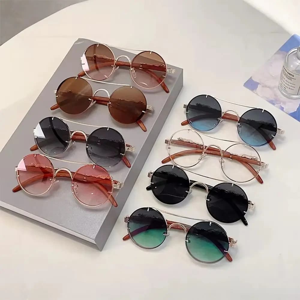 Fashionable Luxury Design Round Sunglasses Double Bridge Decoration Cheetah Sunglasses Punk Sunglasses UV Protection Shades Unisex