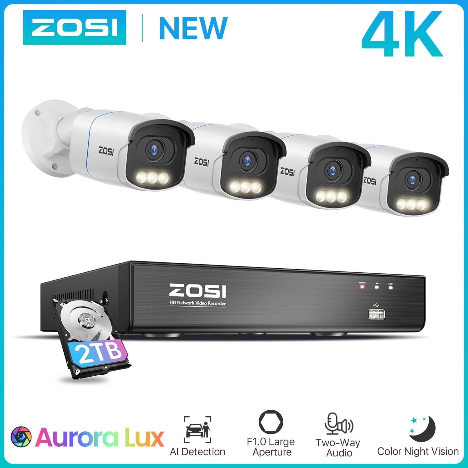 ZOSI 4K PoE Sistema di telecamere di sicurezza 8MP/5MP C186 Aurora Lux Telecamere IP cablate per interni ed esterni Kit NVR 8CH per visione notturna a colori reali