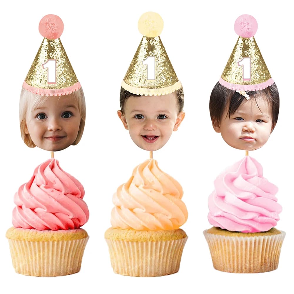 6/12/24 pezzi personalizzati festa di compleanno viso foto cupcake topper glitter compleanno cappello design cake topper bambini primo compleanno festa arredamento