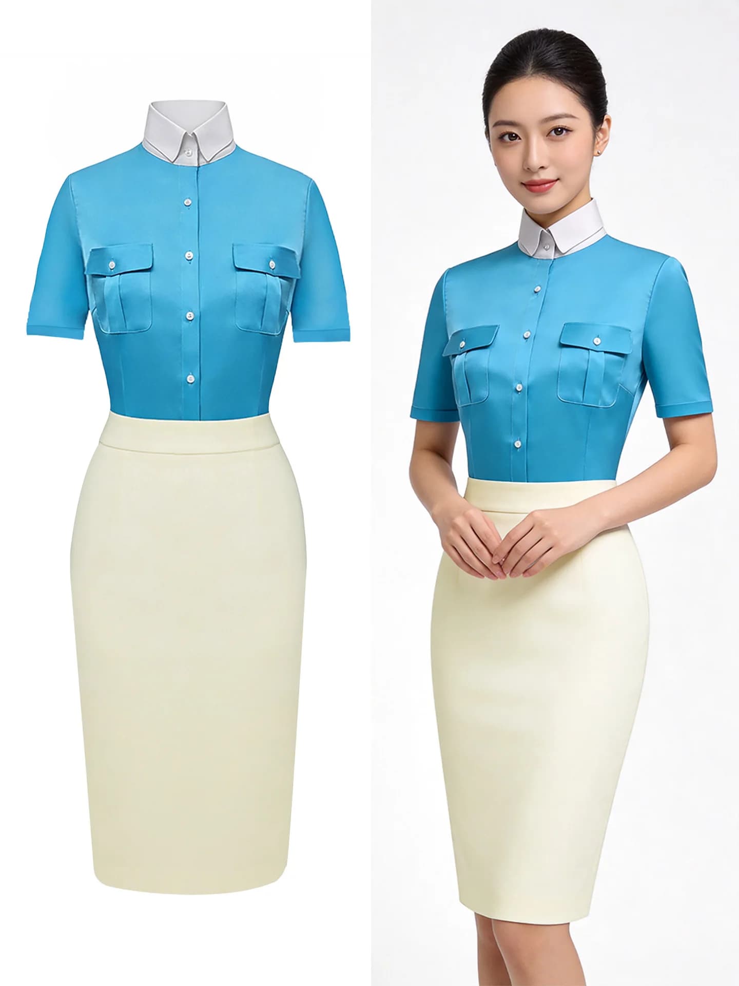 Women's Short Sleeved Satin Shirt and skirt set, flight attendant uniform, workwear for reception, cashier, Korean clothing