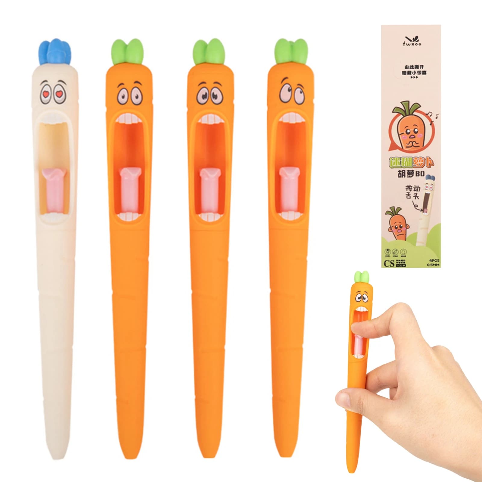 Set di 4 Penne Gel a Forma di Carota, Retrattili, Punta a Lingua Kawaii, Asciugatura Rapida, Inchiostro Nero, Scrittura Fluida per Scuola, Ufficio, Studenti