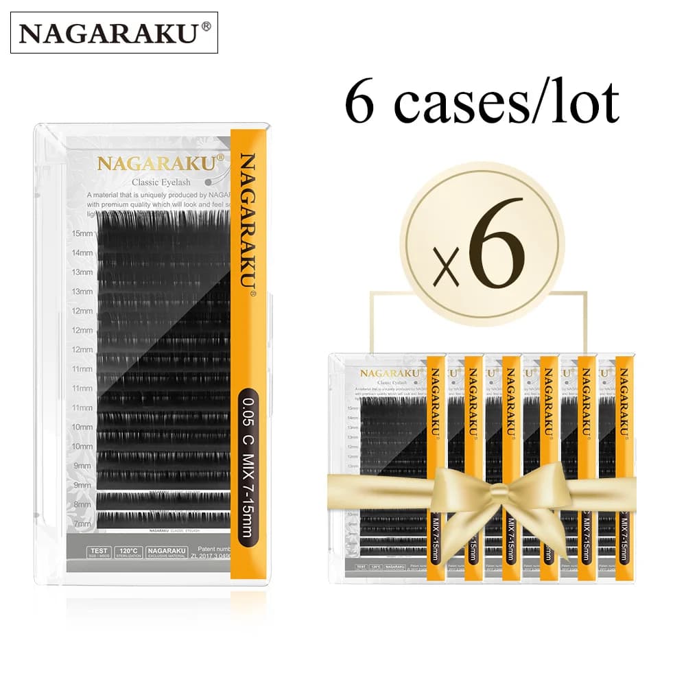 NAGARAKU 6 Cases Classic Mix Extension Eyelashes Supplies natural synthetic mink individual 7-15 Mix 16 high quality lines